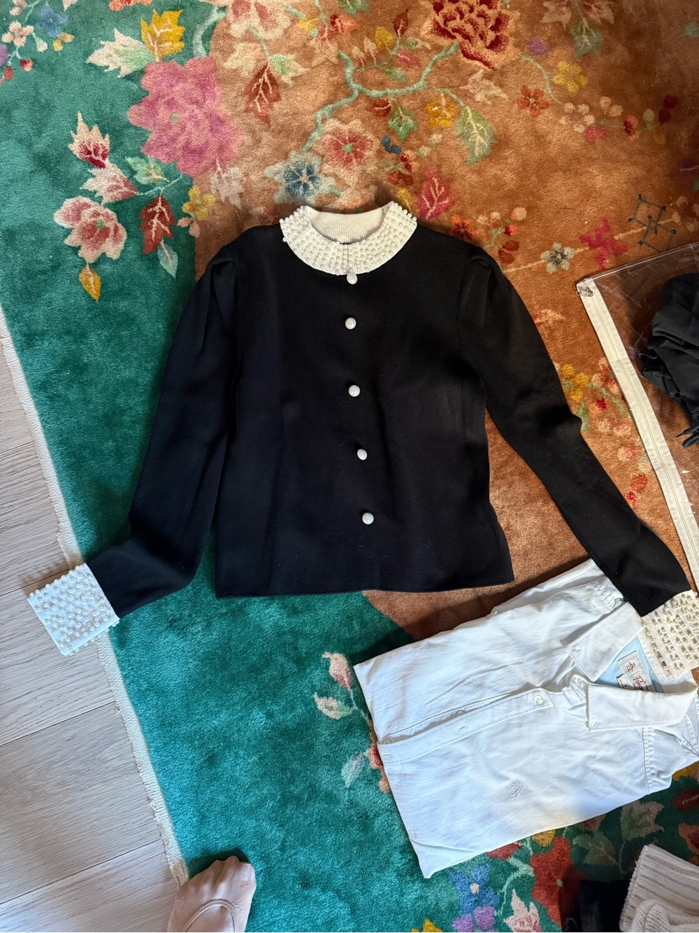 Commense Black Button-Down Top with White Beaded Collar and Cuffs